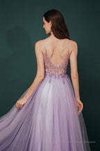 Stunning Front Split Spaghetti Straps Long A Line Beaded Prom Dresses