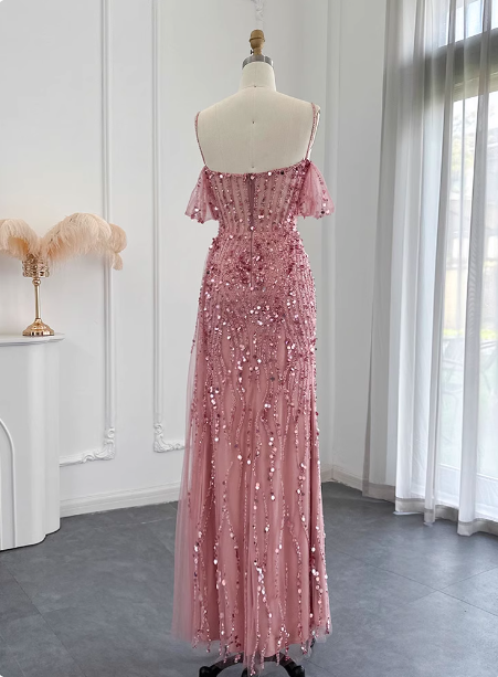 Stunning Pink Spaghetti Strap Slit Sequin Tulle Long Classy Prom Dress Secondary image
