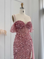 Stunning Pink Spaghetti Strap Slit Sequin Tulle Long Classy Prom Dress