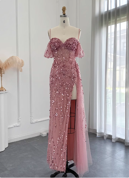 Stunning Pink Spaghetti Strap Slit Sequin Tulle Long Classy Prom Dress Main image