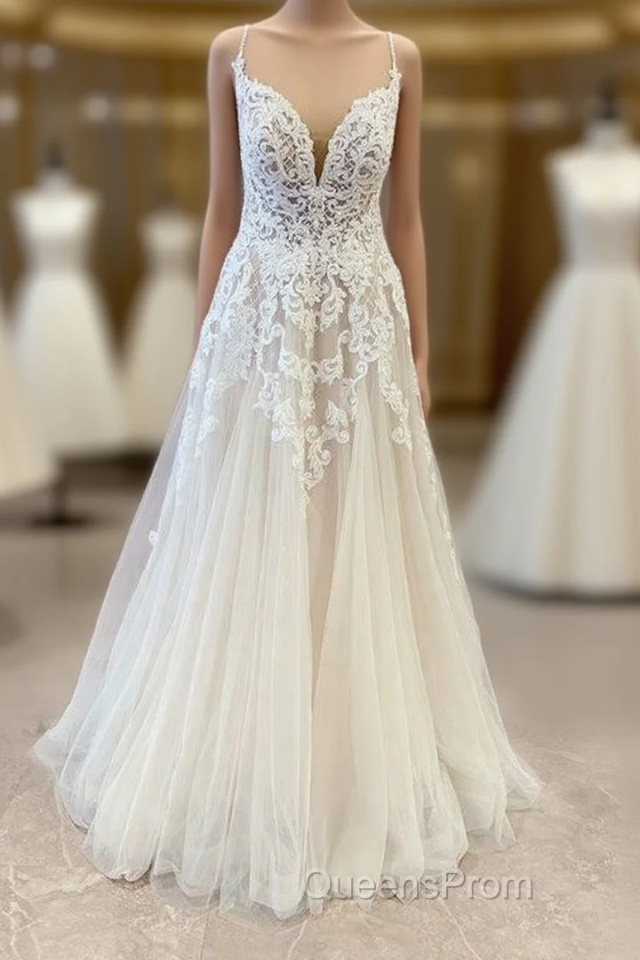 Stunning Long A-Line Spaghetti Straps Appliques Lace Tulle Wedding Dress Main image