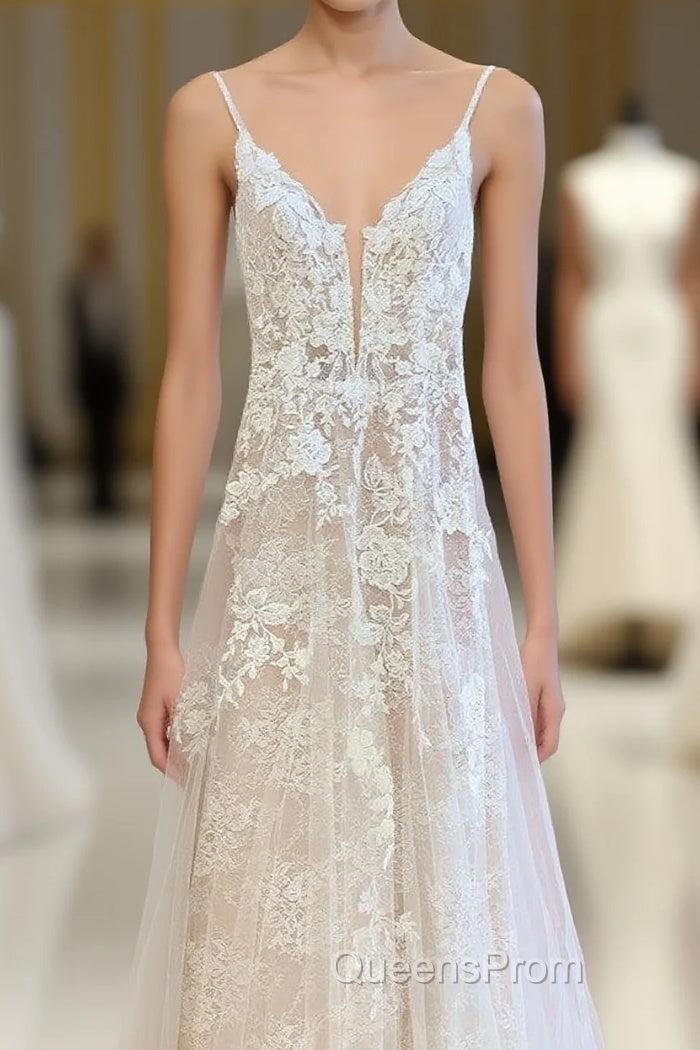 Stunning Long A-Line Spaghetti Straps Tulle Lace Wedding Dress