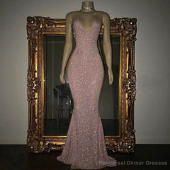 Stunning Long Halter Spaghetti Straps Sequined Mermaid Prom Dress