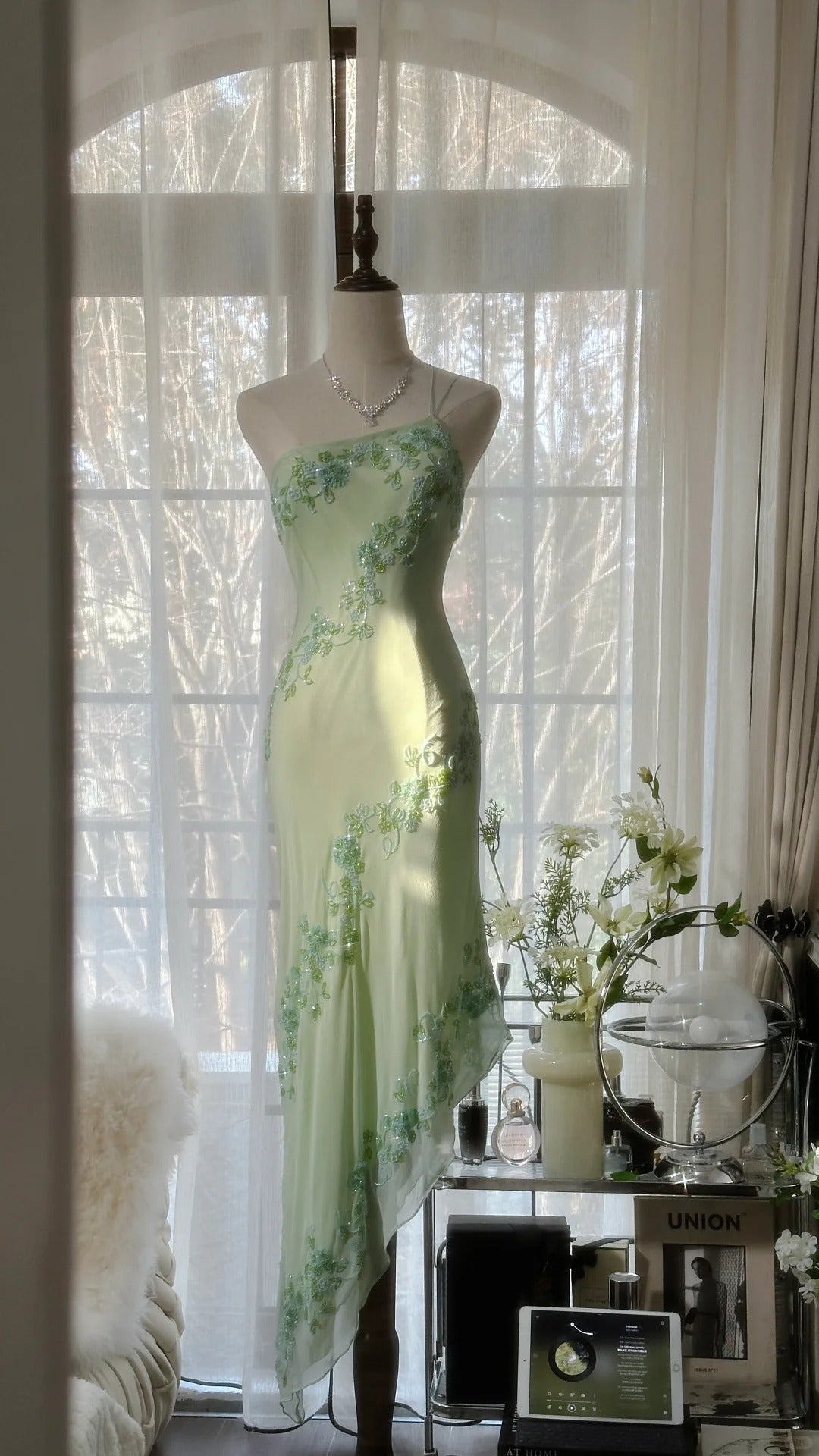 Stunning Mint Green One Shoulder Chiffon Beaded Bias-cut Skirt Prom Dress