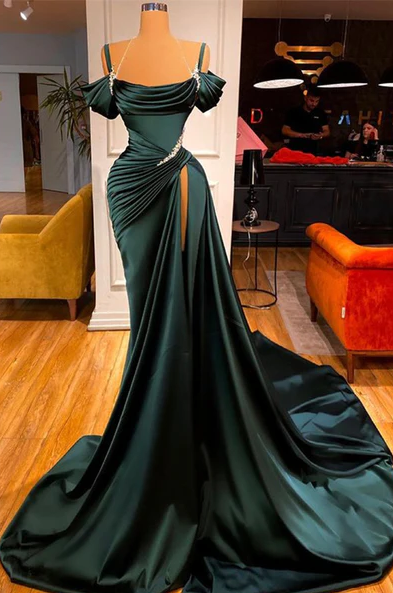 STUNNING OFF-THE-SHOULDER MERMAID Classy Prom Dress RUFFLES WITH HIGH SPLIT