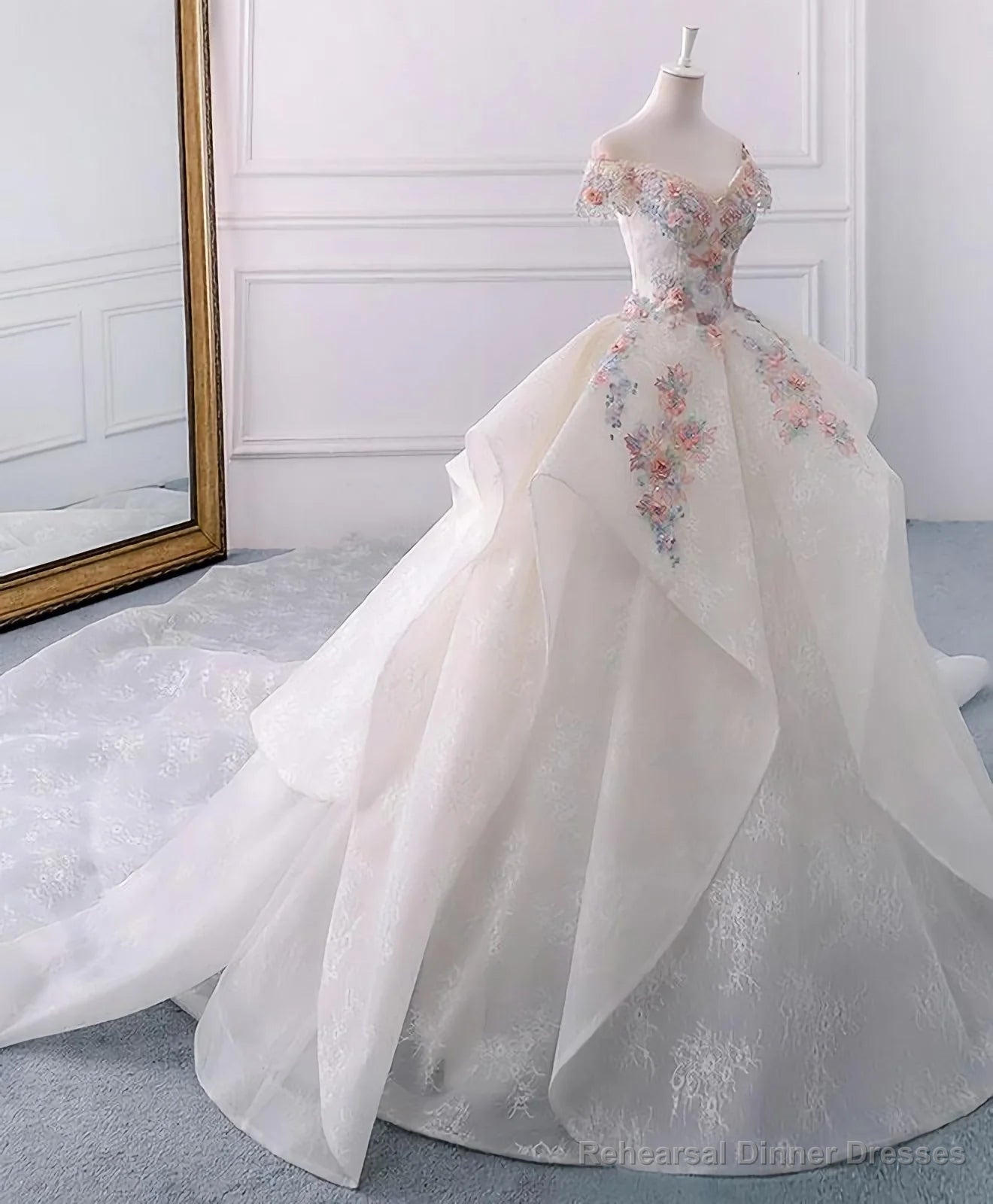 Stunning Off The Shoulder Flower Ball Gown Lace Wedding Dress Main image
