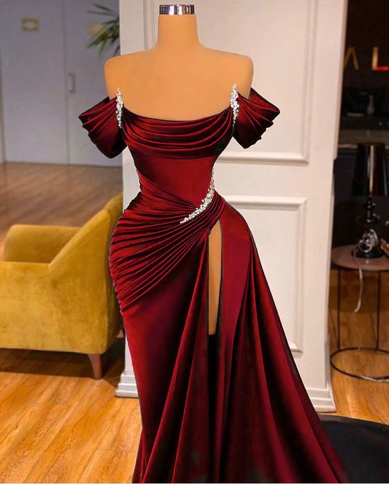 STUNNING OFF-THE-SHOULDER MERMAID Classy Prom Dress RUFFLES WITH HIGH SPLIT Main image