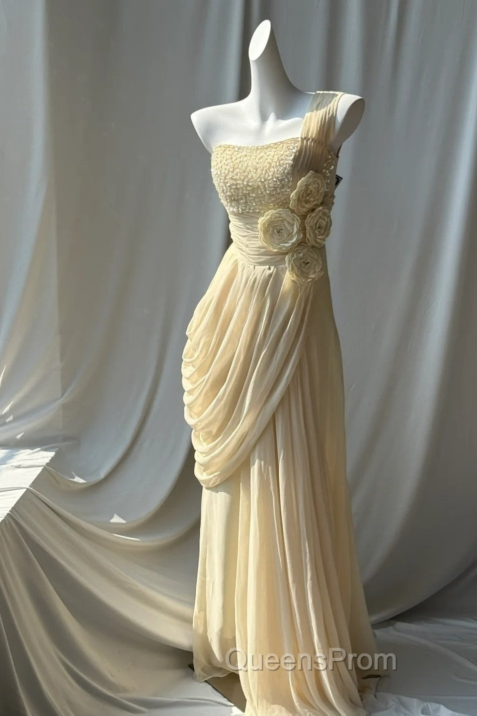 Stunning One Shoulder Beaded Sequin Chiffon Long Evening Prom Dress Formal Evening Dress Simple Wedding Dress