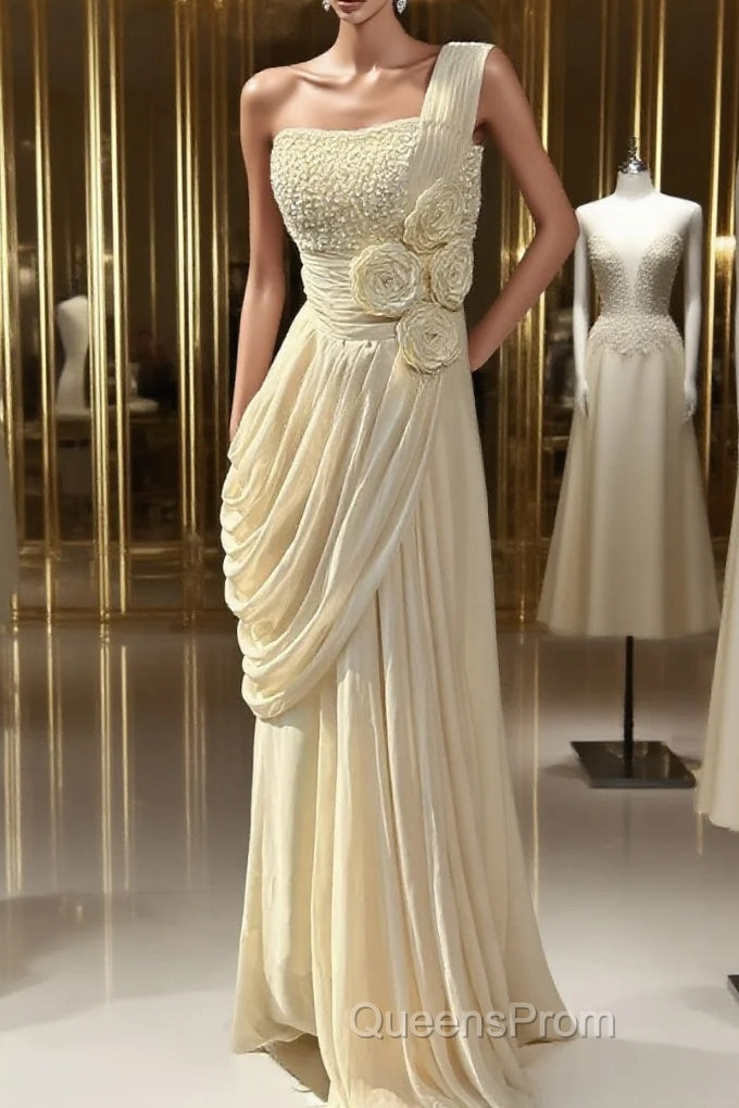 Stunning One Shoulder Beaded Sequin Chiffon Long Evening Prom Dress Formal Evening Dress Simple Wedding Dress Main image