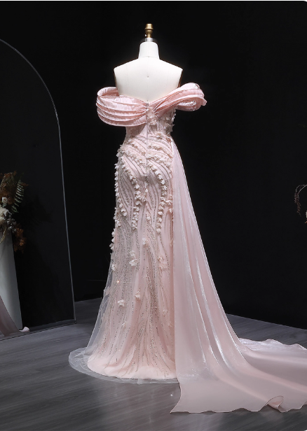 Stunning Pink Mermaid Train Off-The-Shoulder 3D Floral Satin Classy Prom Dress Secondary image