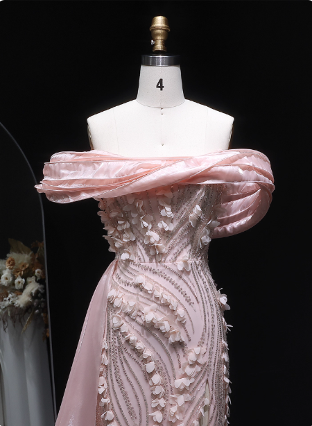 Stunning Pink Mermaid Train Off-The-Shoulder 3D Floral Satin Classy Prom Dress
