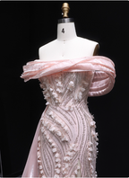 Stunning Pink Mermaid Train Off-The-Shoulder 3D Floral Satin Classy Prom Dress