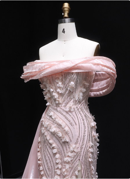 Stunning Pink Mermaid Train Off-The-Shoulder 3D Floral Satin Classy Prom Dress