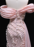 Stunning Pink Mermaid Train Off-The-Shoulder 3D Floral Satin Classy Prom Dress