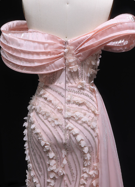 Stunning Pink Mermaid Train Off-The-Shoulder 3D Floral Satin Classy Prom Dress