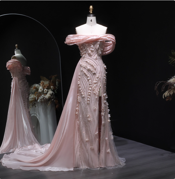 Stunning Pink Mermaid Train Off-The-Shoulder 3D Floral Satin Classy Prom Dress