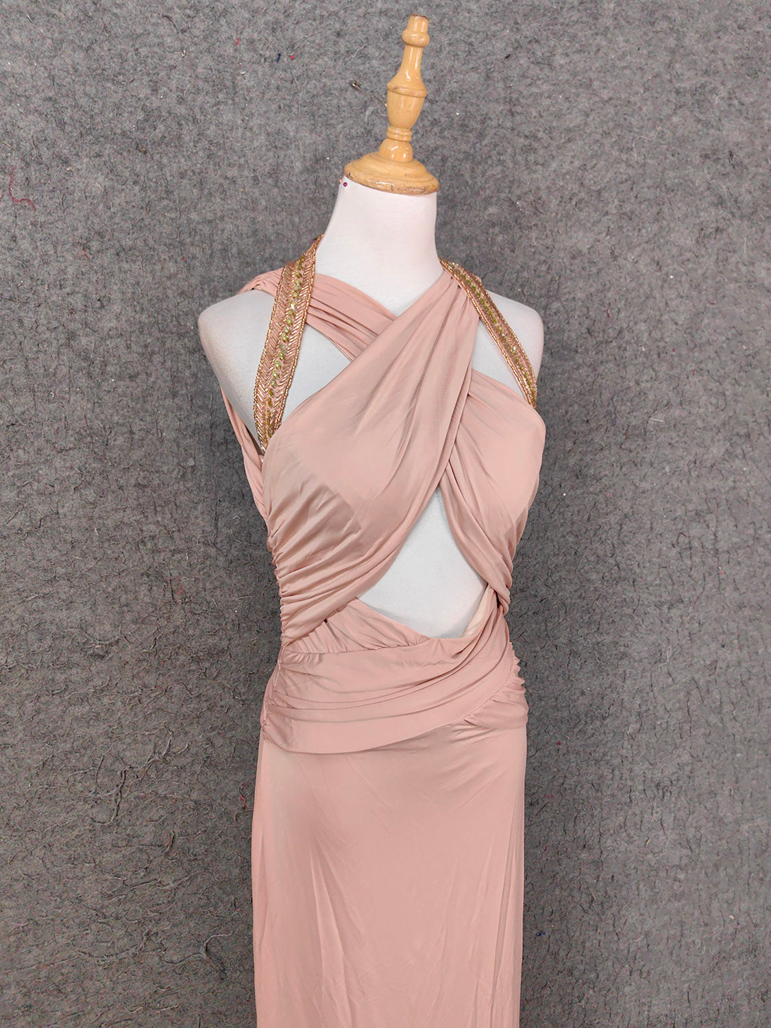 Stunning Pink Sleeveless Cross Neck Beaded Satin Long Classy Prom Dress Secondary image