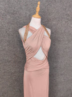 Stunning Pink Sleeveless Cross Neck Beaded Satin Long Classy Prom Dress