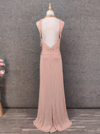 Stunning Pink Sleeveless Cross Neck Beaded Satin Long Classy Prom Dress