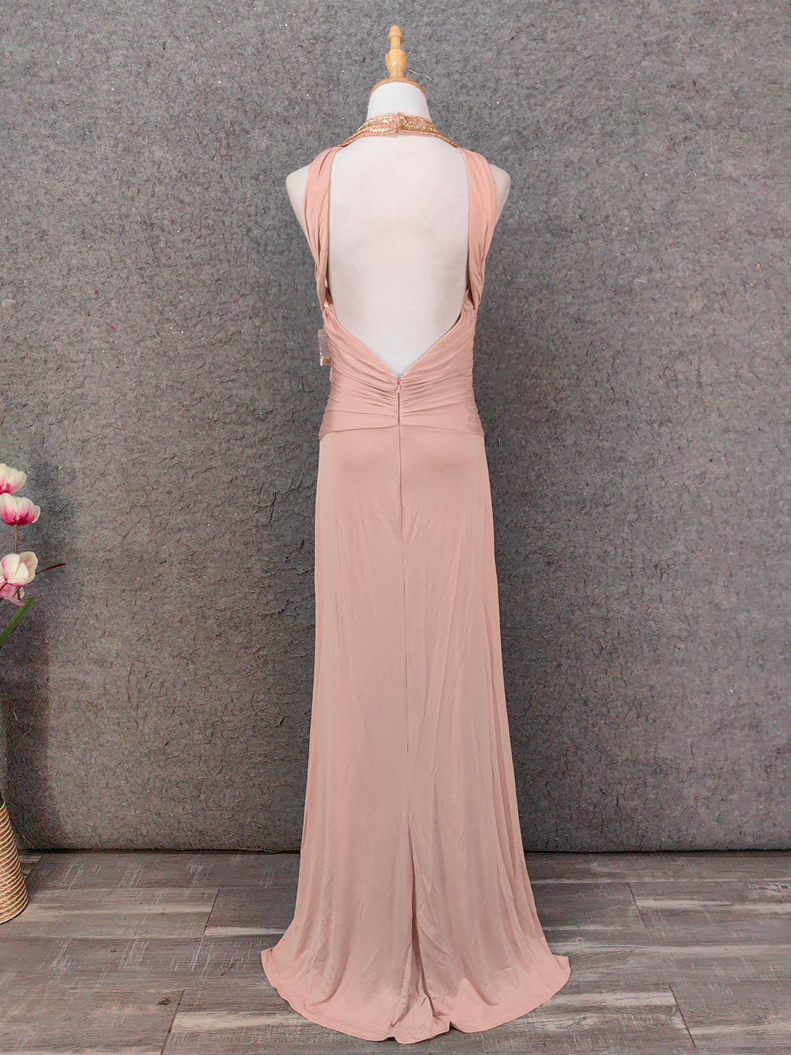 Stunning Pink Sleeveless Cross Neck Beaded Satin Long Classy Prom Dress