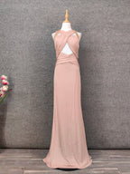 Stunning Pink Sleeveless Cross Neck Beaded Satin Long Classy Prom Dress
