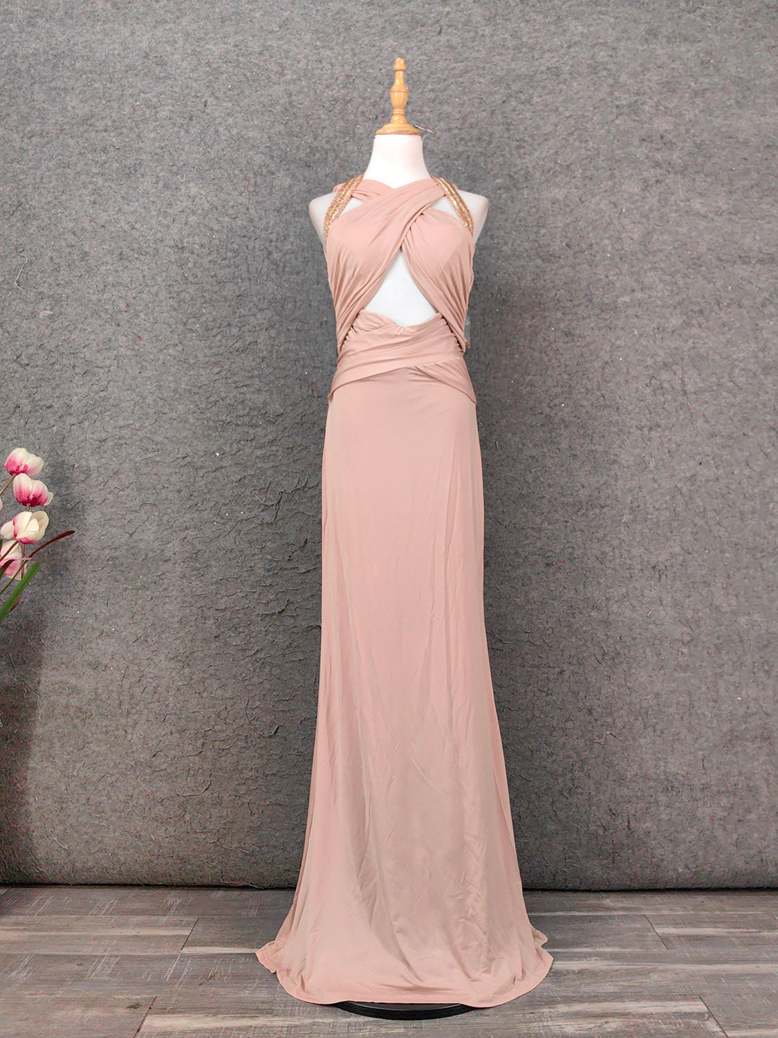 Stunning Pink Sleeveless Cross Neck Beaded Satin Long Classy Prom Dress