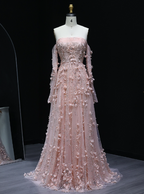 Stunning Pink Strapless 3D Floral Sequin Tulle Train Classy Prom Dress