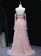Stunning Pink Strapless 3D Floral Sequin Tulle Train Classy Prom Dress