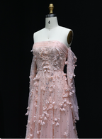Stunning Pink Strapless 3D Floral Sequin Tulle Train Classy Prom Dress