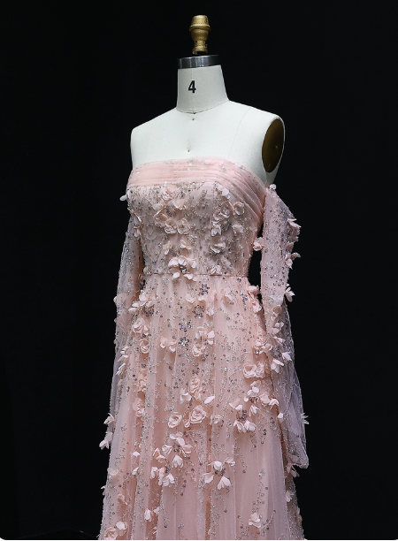 Stunning Pink Strapless 3D Floral Sequin Tulle Train Classy Prom Dress