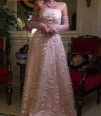 Stunning Pink Strapless 3D Floral Sequin Tulle Train Classy Prom Dress