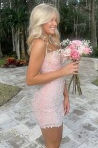 Stunning Pink Straps Sequins With Pearls Tight Homecoming Dress