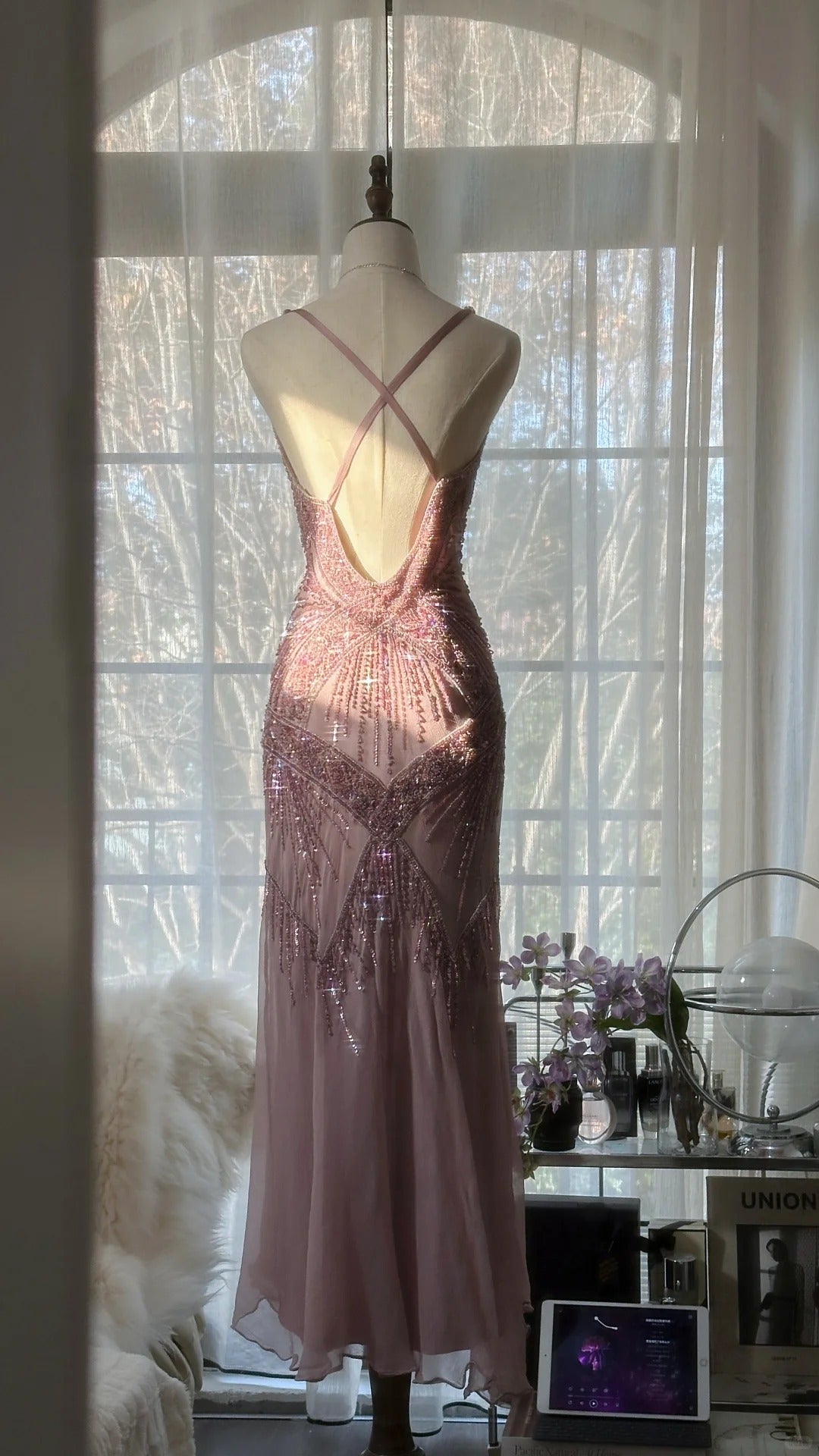 Stunning Pink Backless Beaded Chiffon Long Prom Dress Secondary image