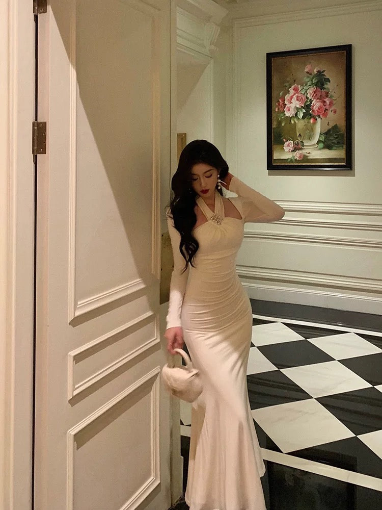 Stunning Sheath Halter Long Sleeves White Date Night Dress Ruffles Classy Prom Dress Birthday Outfit Secondary image