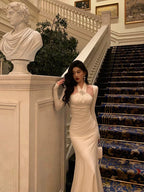 Stunning Sheath Halter Long Sleeves White Date Night Dress Ruffles Classy Prom Dress Birthday Outfit