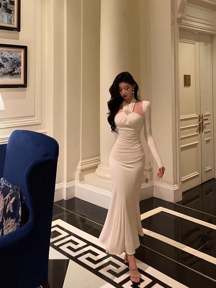 Stunning Sheath Halter Long Sleeves White Date Night Dress Ruffles Classy Prom Dress Birthday Outfit Main image