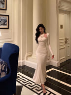 Stunning Sheath Halter Long Sleeves White Date Night Dress Ruffles Classy Prom Dress Birthday Outfit