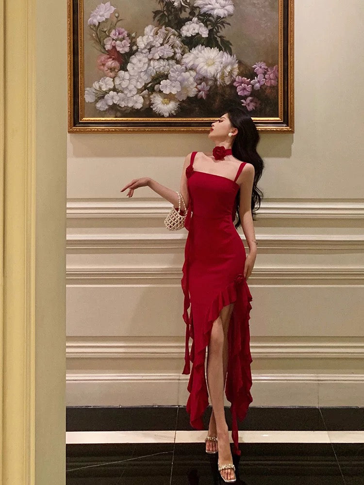 Stunning Sheath Spaghetti Straps Red Ruffles Date Night Dress Classy Prom Dress Birthday Outfit