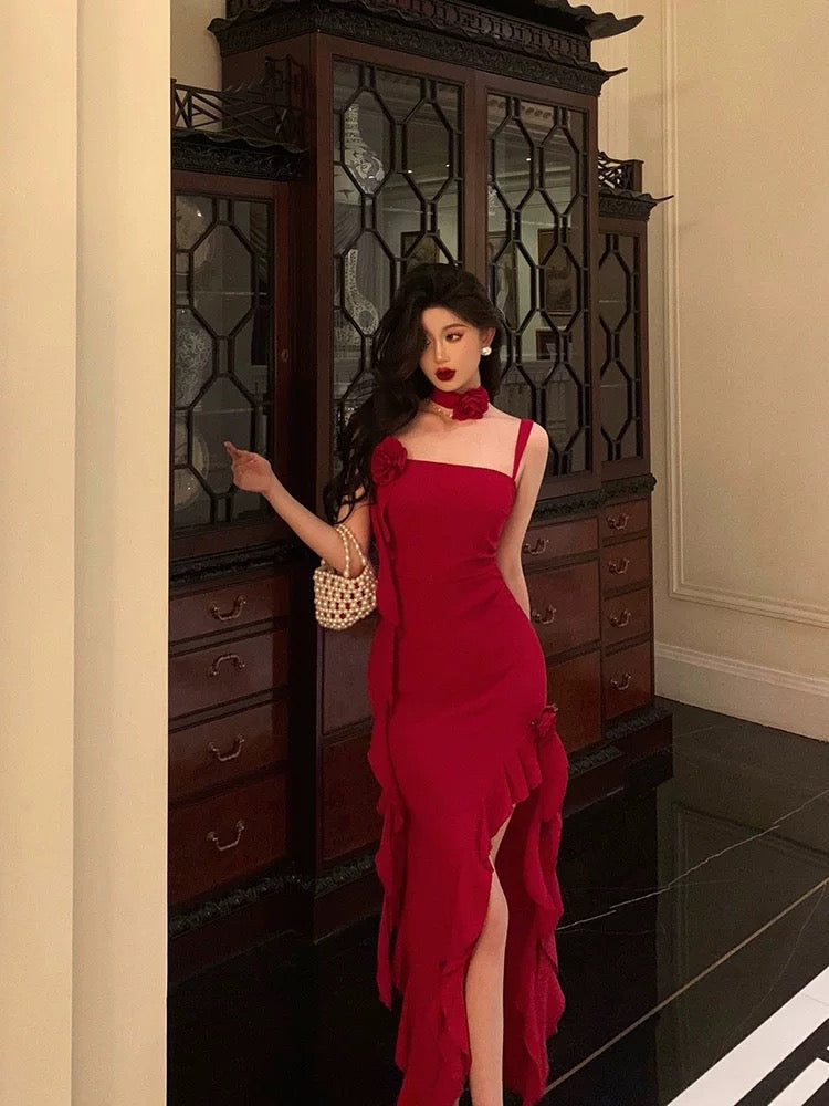 Stunning Sheath Spaghetti Straps Red Ruffles Date Night Dress Classy Prom Dress Birthday Outfit