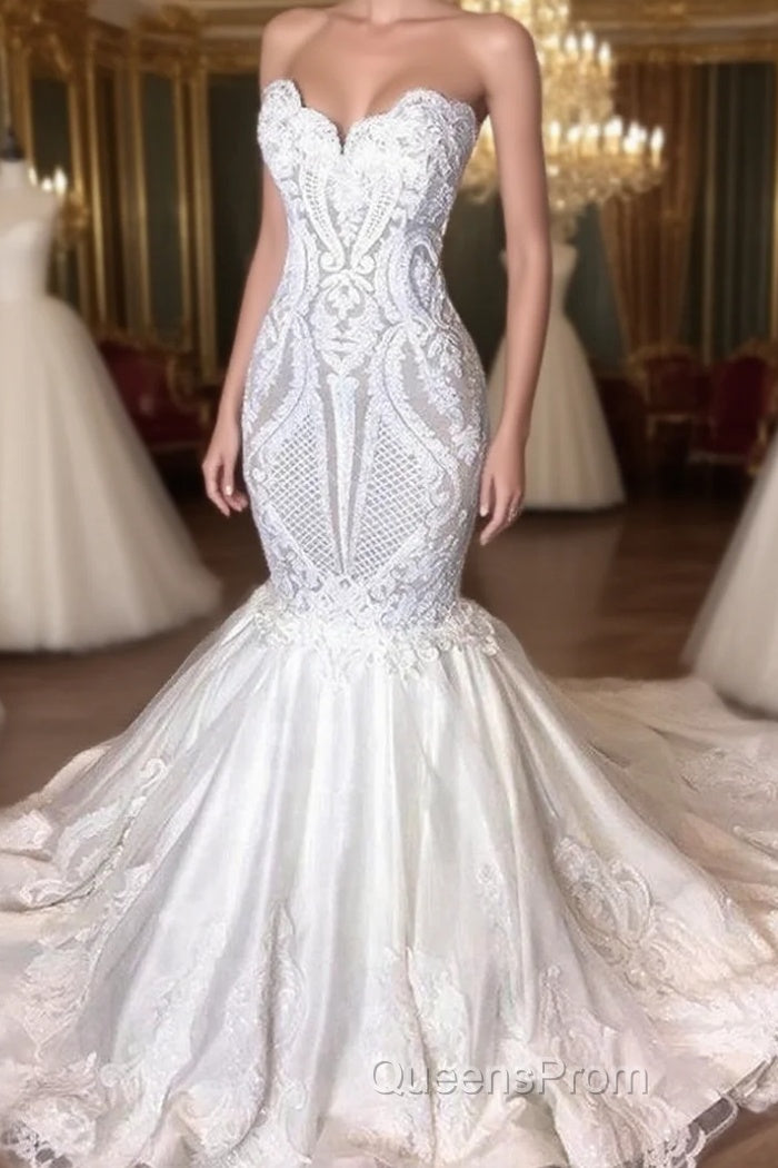 Stunning Strapless Mermaid White Beach Wedding Dress Modern Low Back Bridal Gowns on Sale Main image