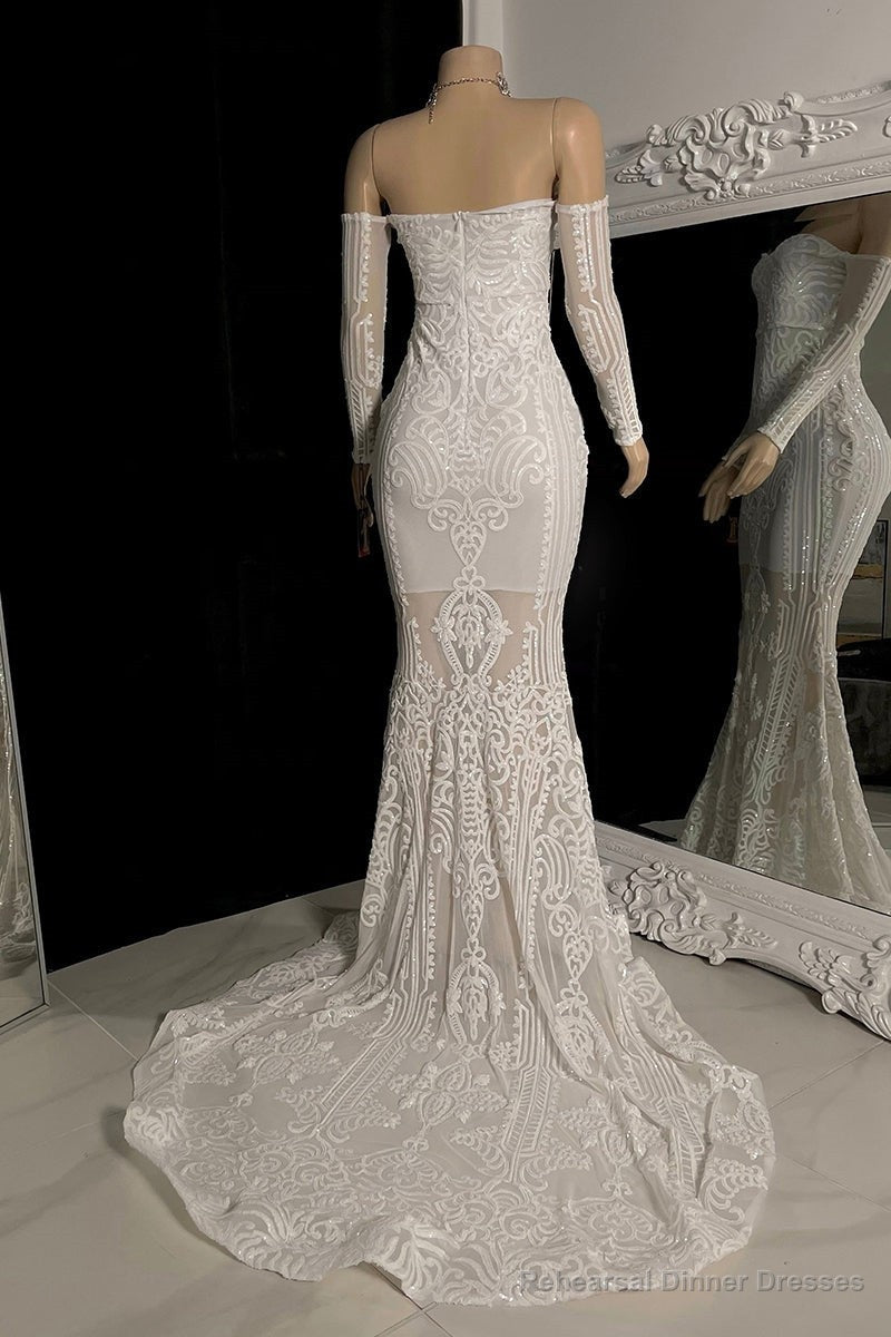 Stunning White Long Sleeves Mermaid Prom Dresses Off-the-Shoulder Long Secondary image