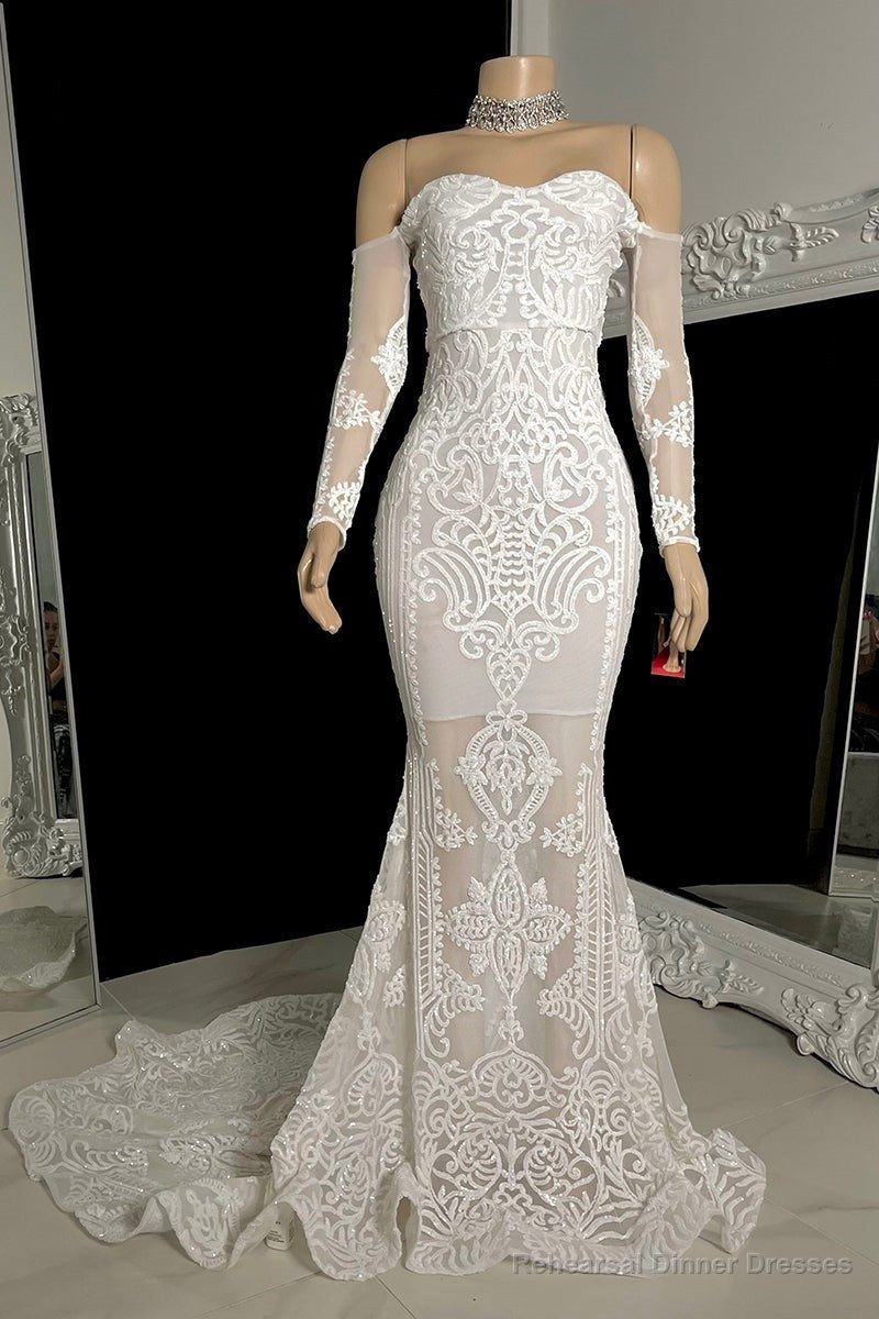 Stunning White Long Sleeves Mermaid Prom Dresses Off-the-Shoulder Long Main image