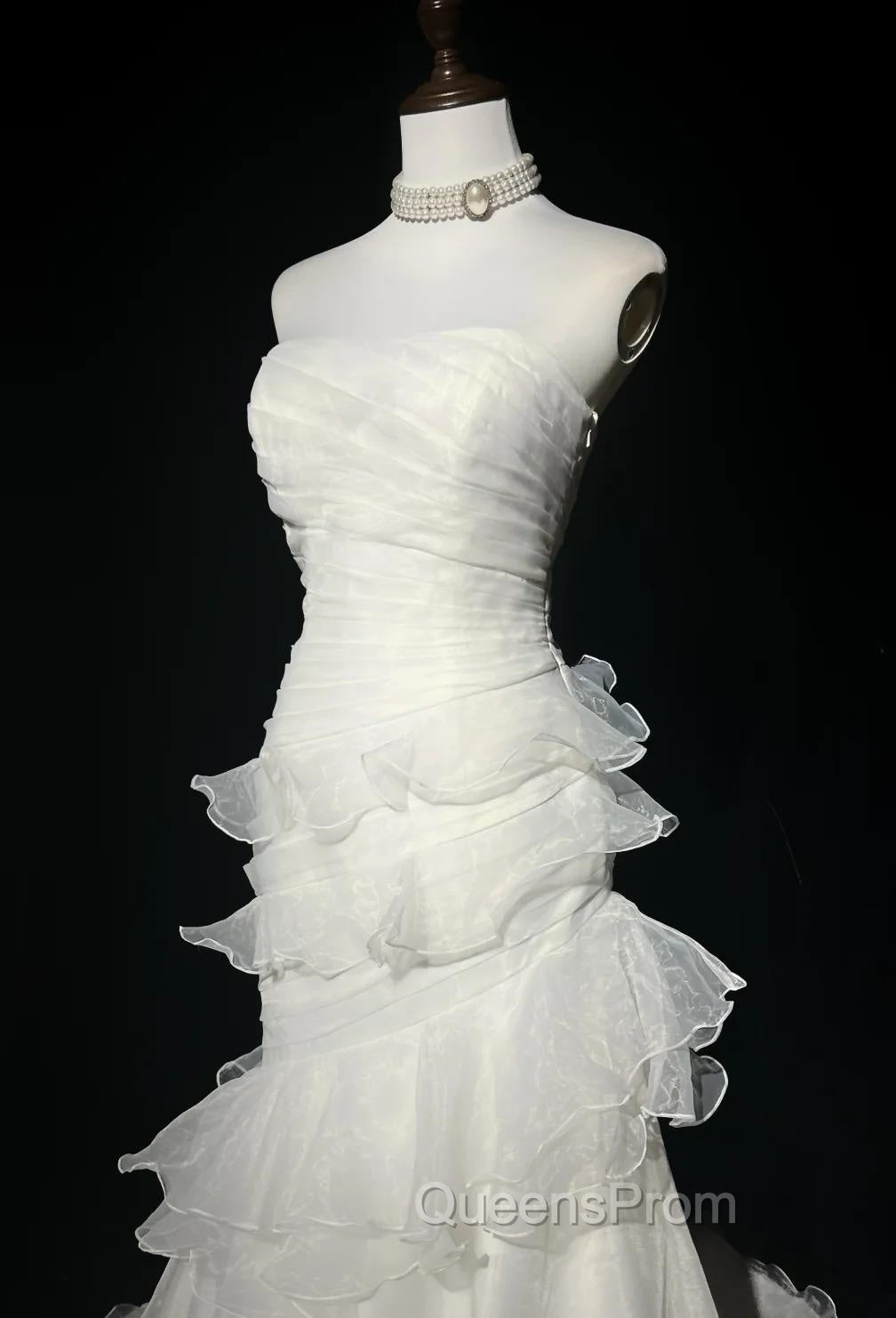 Stunning White Strapless Mermaid Organza Long Evening Prom Dress Simple Wedding Dress Secondary image