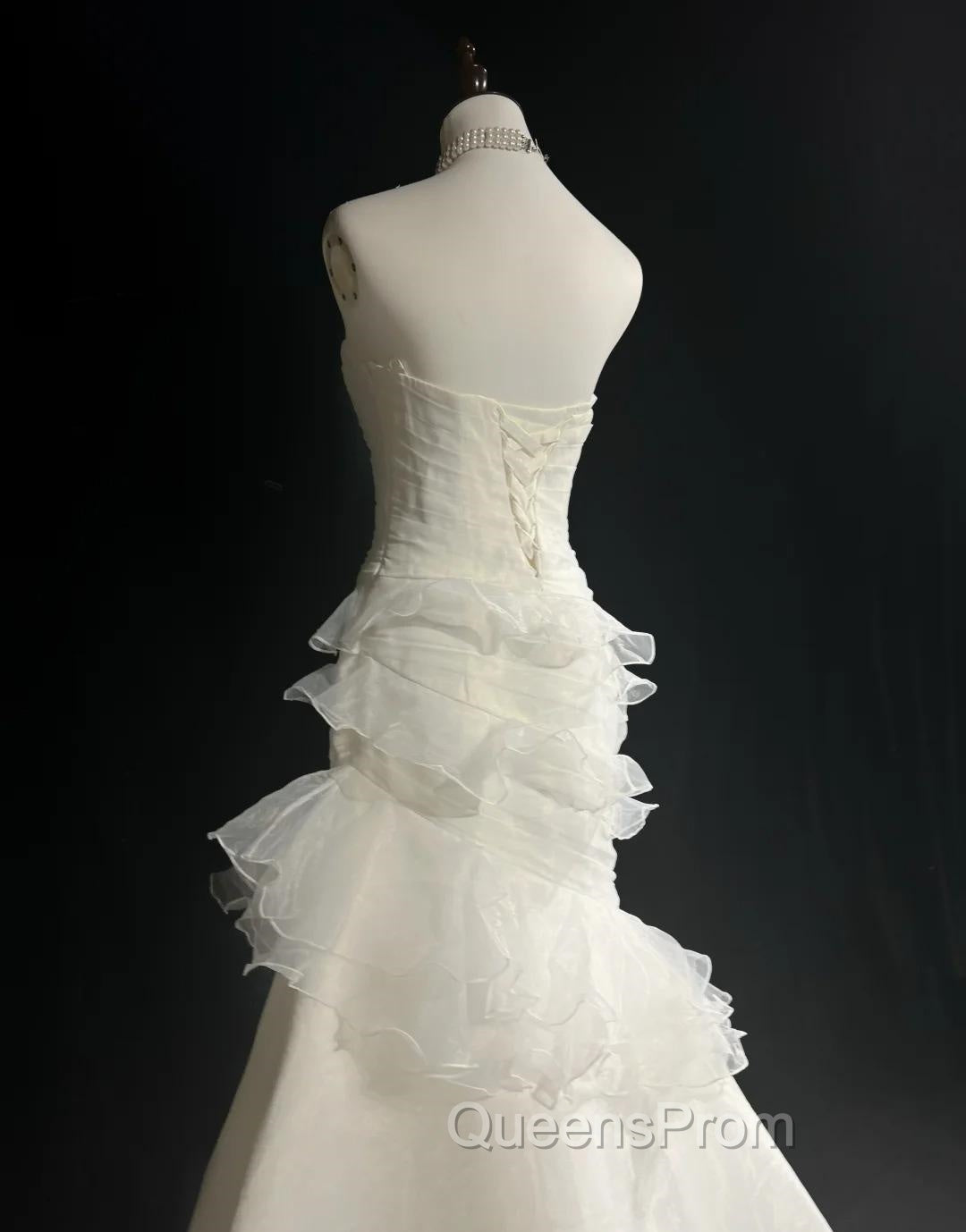 Stunning White Strapless Mermaid Organza Long Evening Prom Dress Simple Wedding Dress
