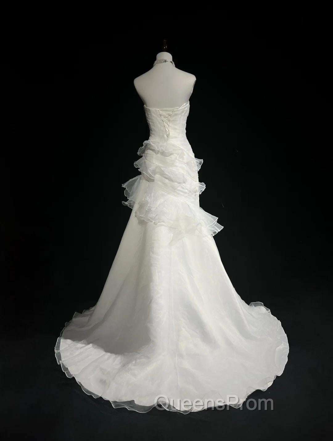 Stunning White Strapless Mermaid Organza Long Evening Prom Dress Simple Wedding Dress