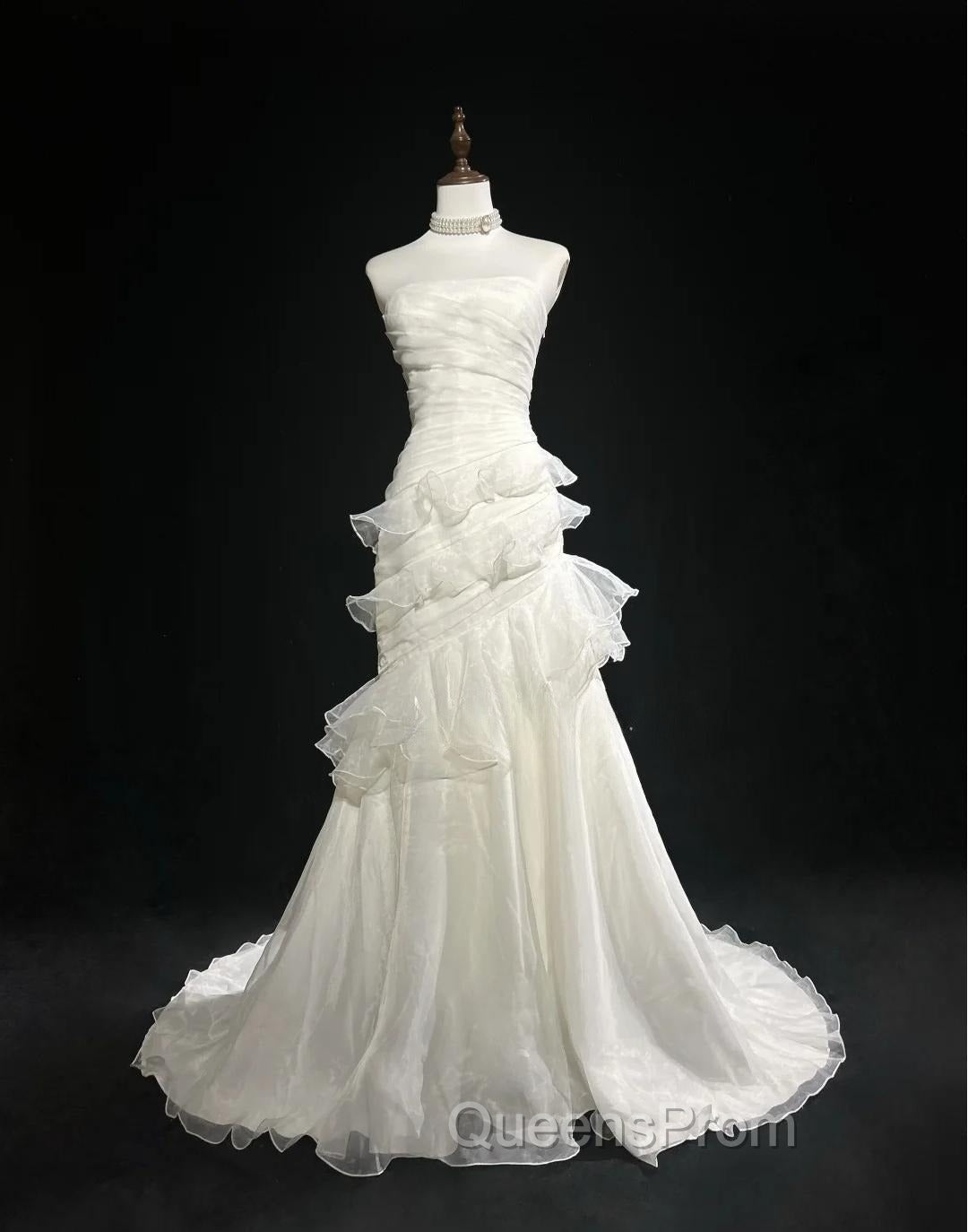 Stunning White Strapless Mermaid Organza Long Evening Prom Dress Simple Wedding Dress