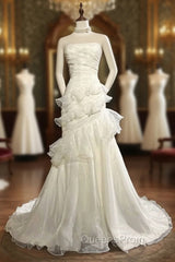 Stunning White Strapless Mermaid Organza Long Evening Prom Dress Simple Wedding Dress