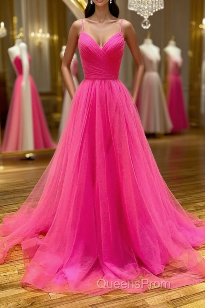 Stylish A Line V Neck Backless Hot Pink Long Evening Prom Dress, Backless Hot Pink Formal Graduation Evening Dress