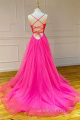 Stylish A Line V Neck Backless Hot Pink Long Evening Prom Dress, Backless Hot Pink Formal Graduation Evening Dress