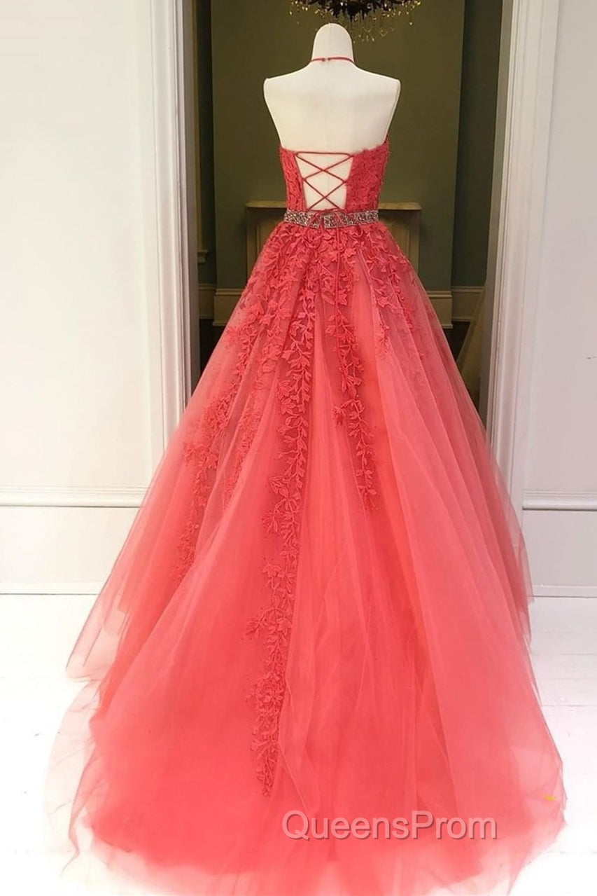 Stylish Backless Coral Lace Long Evening Prom Dress, Coral Lace Formal Graduation Evening Dress Secondary image